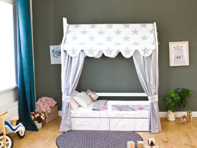 Стилизованная кровать детская Можга Р424Э с бортиком и ящиками (белая эмаль)
