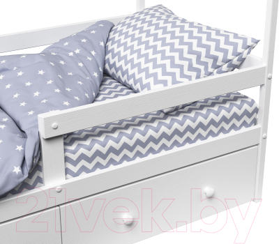 Стилизованная кровать детская Можга Р424Э с бортиком и ящиками (белая эмаль)