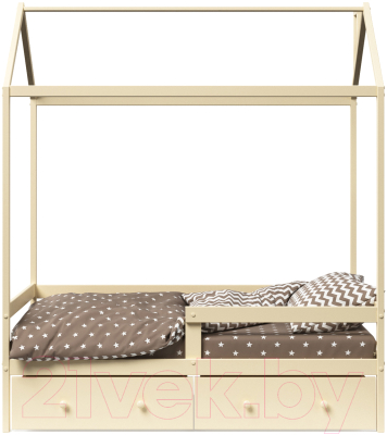 Стилизованная кровать детская Можга Р424Э с бортиком и ящиками (слоновая кость эмаль)
