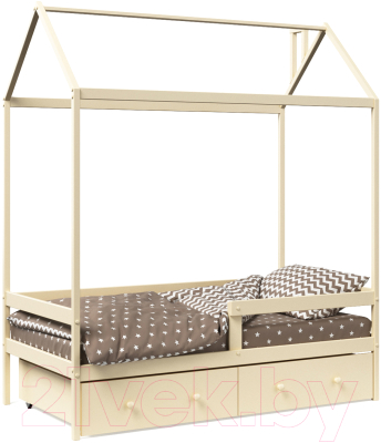 Стилизованная кровать детская Можга Р424Э с бортиком и ящиками (слоновая кость эмаль)