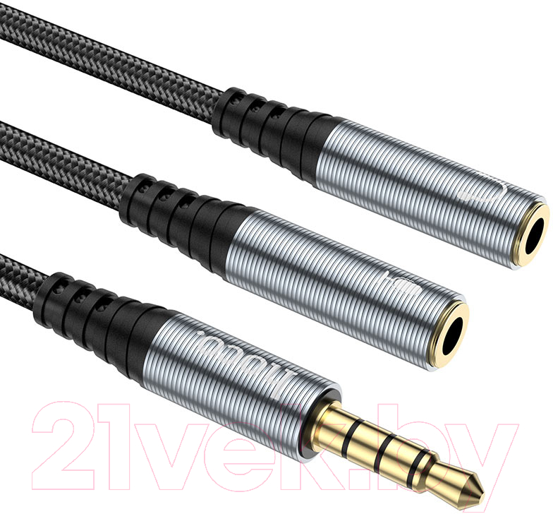 Кабель Hoco UPA21 2в1 Jack вилка - Jack 2 розетки (0.25м, металлик)