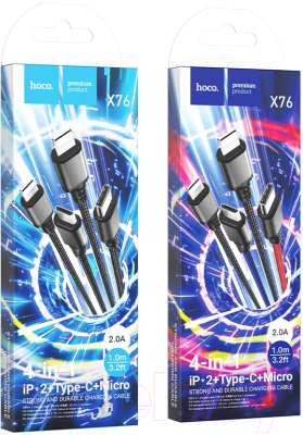 Изображение товара Кабель Hoco X76 4в1 2 Lightning+Micro+Type-С (1м, цветной)