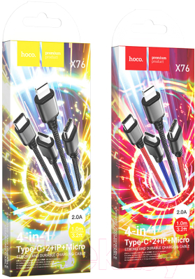 Изображение товара Кабель Hoco X76 4в1 2 Type-C+Lightning+Micro (1м, цветной)