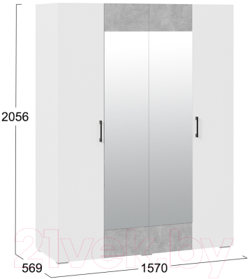 Шкаф ТриЯ Нео 4-х дверный с зеркалом (белый/белый/ателье светлый/белый)