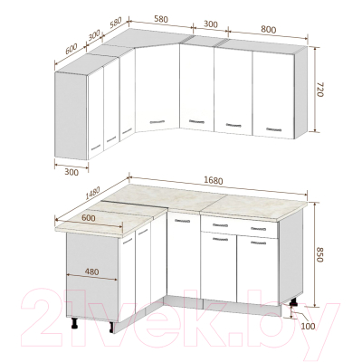 Готовая кухня Кортекс-мебель Корнелия Лира 1.5x1.7 (крем/капучино/марсель)