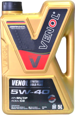 Моторное масло Venol Synthesis Gold Plus SN CF 5W40 C3 / 217005 (5л)