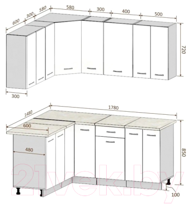Готовая кухня Кортекс-мебель Корнелия Лира 1.5x1.8 (белый/береза/королевский опал)
