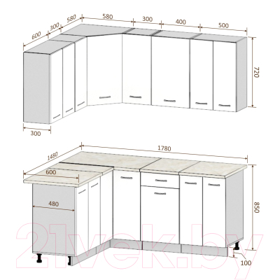 Готовая кухня Кортекс-мебель Корнелия Лира 1.5x1.8 (зеленый/оникс/дуб бунратти)
