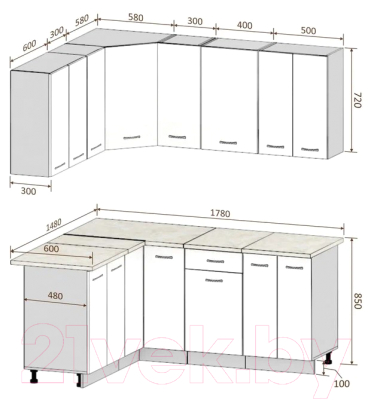 Готовая кухня Кортекс-мебель Корнелия Лира 1.5x1.8 (крем/капучино/королевский опал)