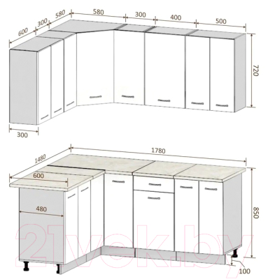 Готовая кухня Кортекс-мебель Корнелия Лира 1.5x1.8 (крем/капучино/марсель)
