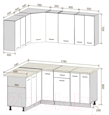Готовая кухня Кортекс-мебель Корнелия Лира 1.5x1.8 (розовый/оникс/королевский опал)