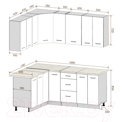 Готовая кухня Кортекс-мебель Корнелия Лира 1.5x1.9 (капучино/оникс/дуб бунратти)