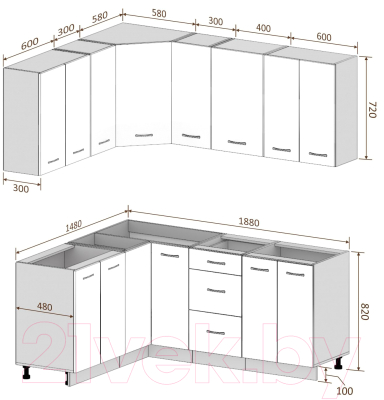 Готовая кухня Кортекс-мебель Корнелия Лира 1.5x1.9 без столешницы (капучино/оникс)