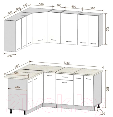 Готовая кухня Кортекс-мебель Корнелия Лира 1.5x1.8 (розовый/оникс/марсель)