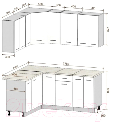 Готовая кухня Кортекс-мебель Корнелия Лира 1.5x1.8 (салатовый/оникс/дуб бунратти)