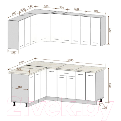 Готовая кухня Кортекс-мебель Корнелия Лира 1.5x2.0 без столешницы (белый/береза)