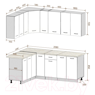 Готовая кухня Кортекс-мебель Корнелия Лира 1.5x2.1 (крем/капучино/дуб бунратти)