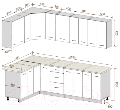 Готовая кухня Кортекс-мебель Корнелия Лира 1.5x2.5 (крем/капучино/королевский опал)