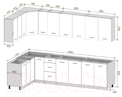 Готовая кухня Кортекс-мебель Корнелия Лира 1.5x2.9 без столешницы (белый/береза)