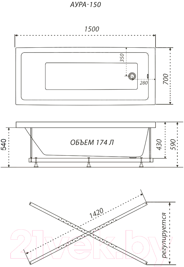 Ванна акриловая Triton Аура Базовая 150x70 Flat