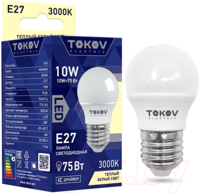 Лампа Tokov Electric 10Вт G45 3000К Е27 176-264В / TKE-G45-E27-10-3K