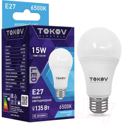 Лампа Tokov Electric 15Вт А60 6500К Е27 176-264В / TKE-A60-E27-15-6.5K