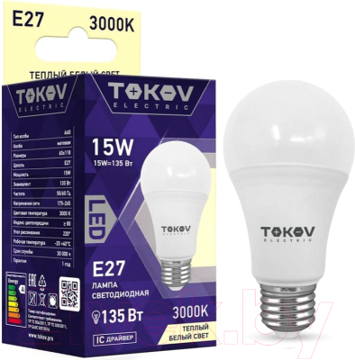 Лампа Tokov Electric 15Вт А60 3000К Е27 176-264В / TKE-A60-E27-15-3K