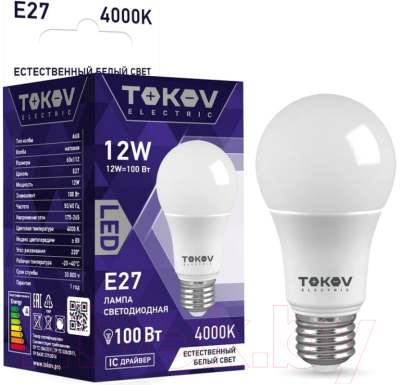 Лампа Tokov Electric 12Вт А60 4000К Е27 176-264В / TKE-A60-E27-12-4K