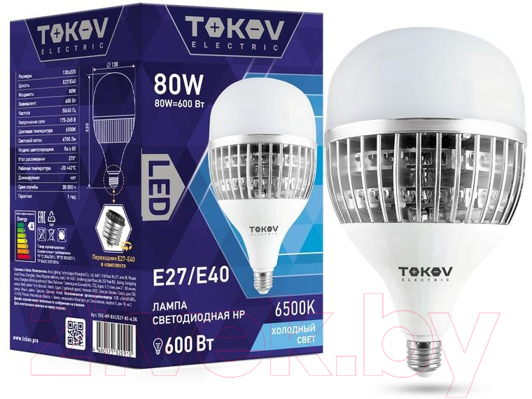 Лампа Tokov Electric 80Вт HP 6500К Е40/Е27 176-264В / TKE-HP-E40/E27-80-6.5K