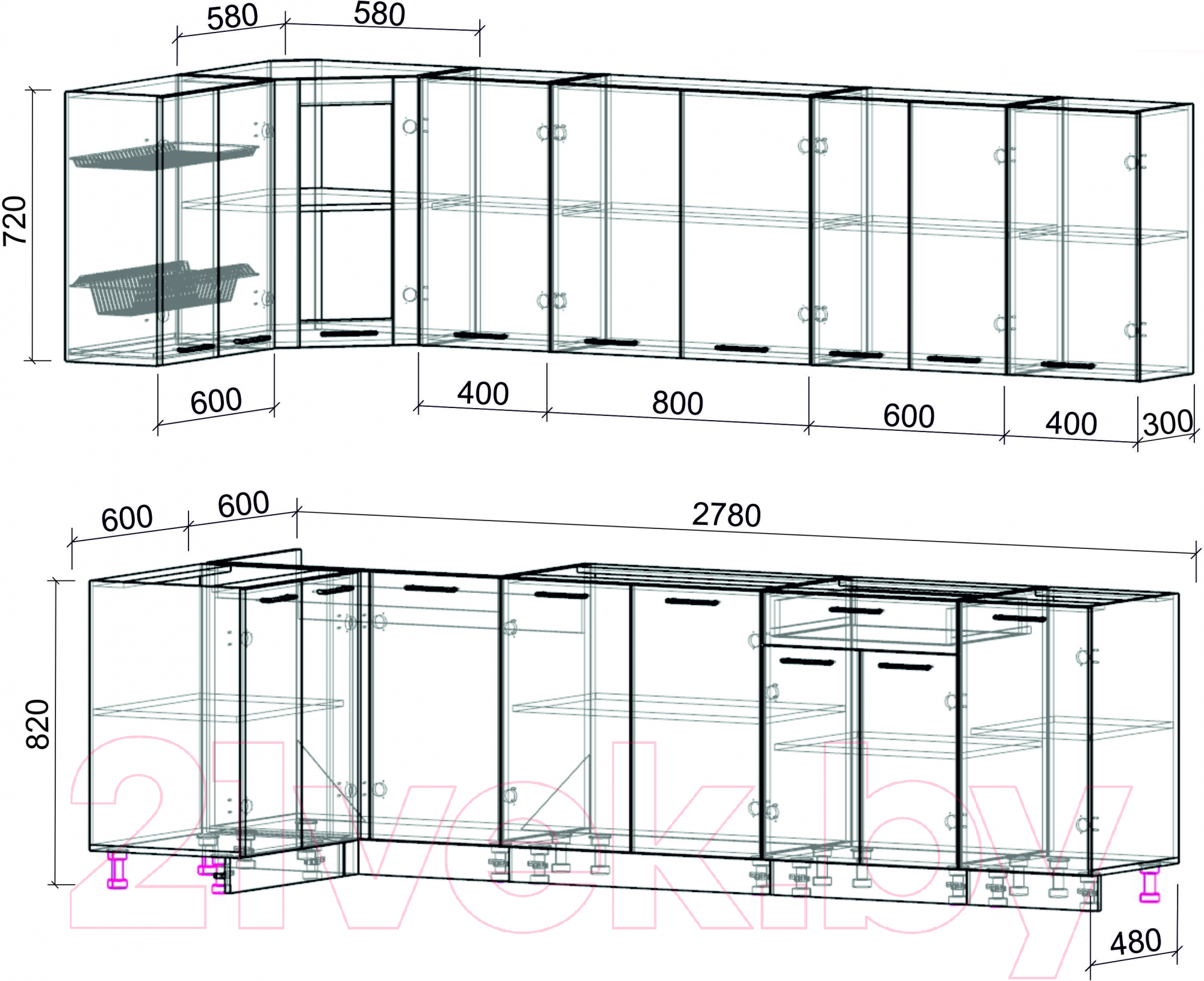 Готовая кухня Интерлиния Мила 12x28 без столешницы