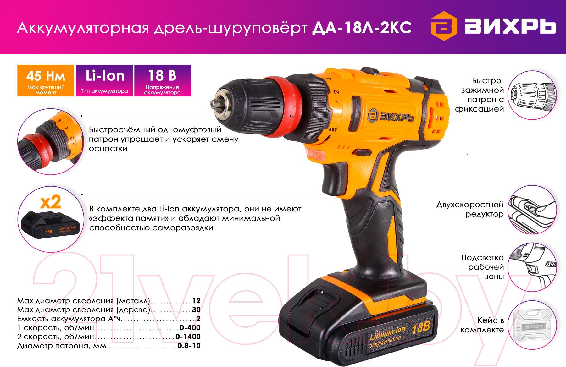 Аккумуляторная дрель-шуруповерт Вихрь ДА-18Л-2КC