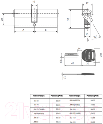 Цилиндровый механизм замка Avers JM-100(45/55)-CR