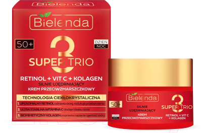 Крем для лица Bielenda Super Trio Retinol+Vit C+Kolagen Сильноукрепляющий 50+ день/ночь (50мл)