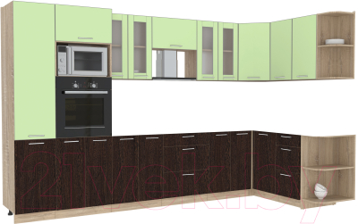 Кухонный гарнитур Интерлиния Мила 1.68x3.4 правая без столешницы (салатовый/дуб венге)