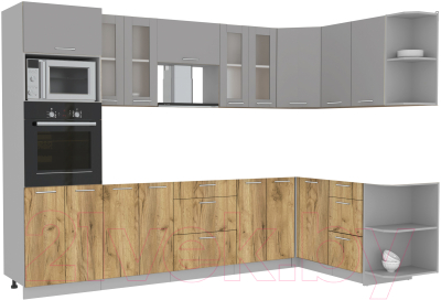 Кухонный гарнитур Интерлиния Мила 1.68x3.0 правая без столешницы (серебристый/дуб золотой)