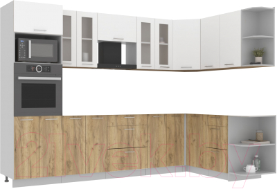Кухонный гарнитур Интерлиния Мила 1.68x3.0 правая без столешницы (белый платинум/дуб золотой)