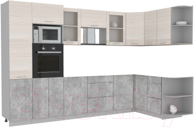 Кухонный гарнитур Интерлиния 1.68x3.2 правая без столешницы (вудлайн кремовый/бетон)