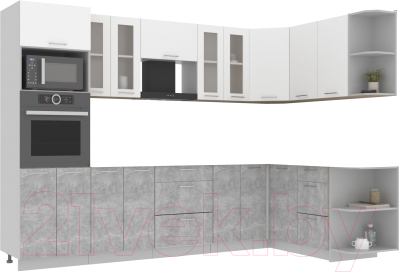 Кухонный гарнитур Интерлиния Мила 1.68x3.0 правая без столешницы (белый платинум/бетон)