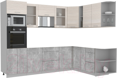 Кухонный гарнитур Интерлиния Мила 1.88x2.8 правая без столешницы (вудлайн кремовый/бетон)