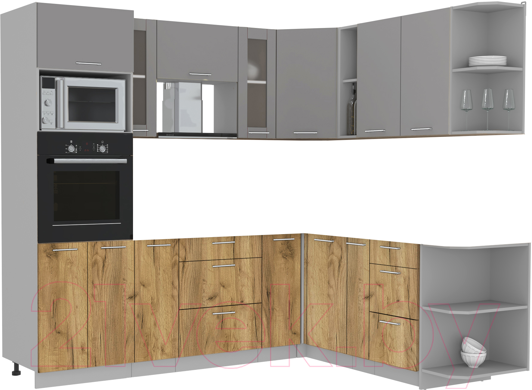 Кухонный гарнитур Interline Мила 1.88x2.4 правая без столешницы (серебристый/дуб золотой)