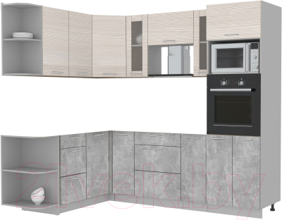 Кухонный гарнитур Интерлиния Мила 1.68x2.4 левая без столешницы (вудлайн кремовый/бетон)