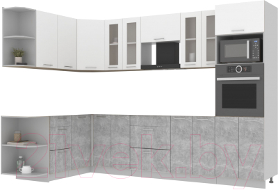 Кухонный гарнитур Интерлиния Мила 1.68x3.0 левая без столешницы (белый платинум/бетон)