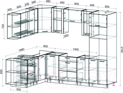 Кухонный гарнитур Интерлиния 1.88x2.6 левая без столешницы (вудлайн кремовый/бетон)