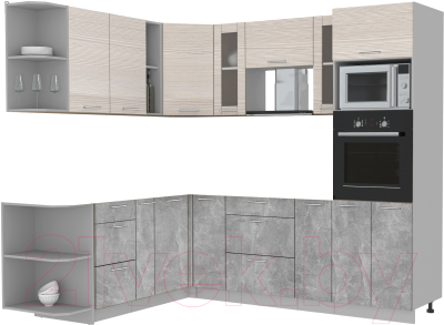 Готовая кухня Интерлиния 1.88x2.4 левая без столешницы (вудлайн кремовый/бетон)