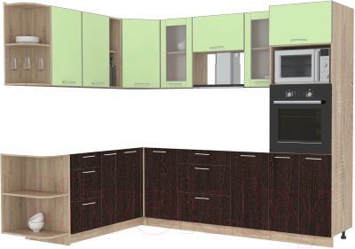 Кухонный гарнитур Интерлиния Мила 1.88x2.6 левая без столешницы (салатовый/дуб венге)