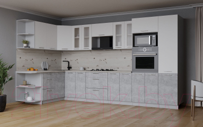 Готовая кухня Интерлиния Мила 1.68x3.4 левая (белый платинум/бетон/бискайская сосна)