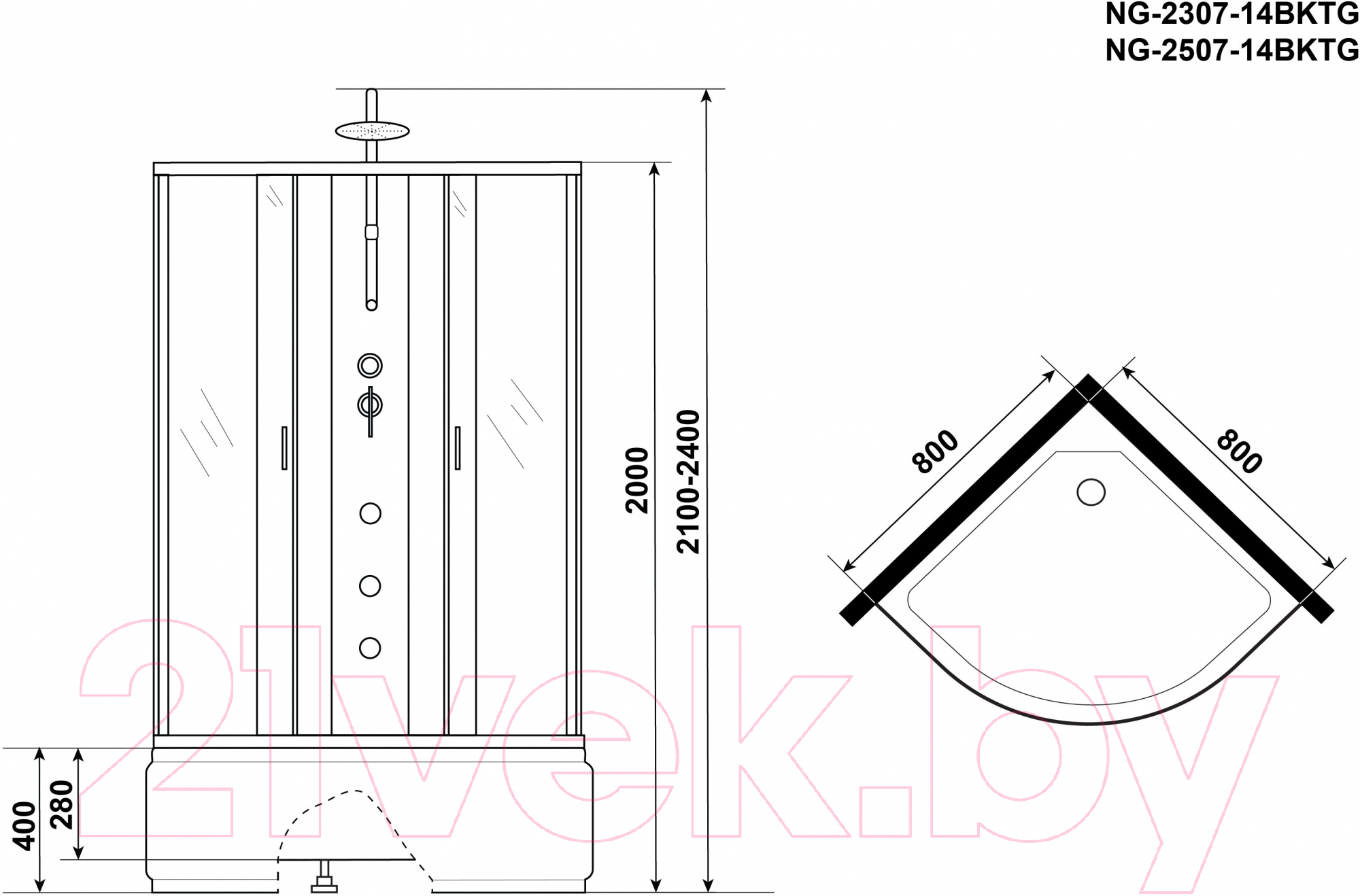 Душевая кабина Niagara NG-2307-14BKTG 80x80x210 (матовое стекло) — фото 4