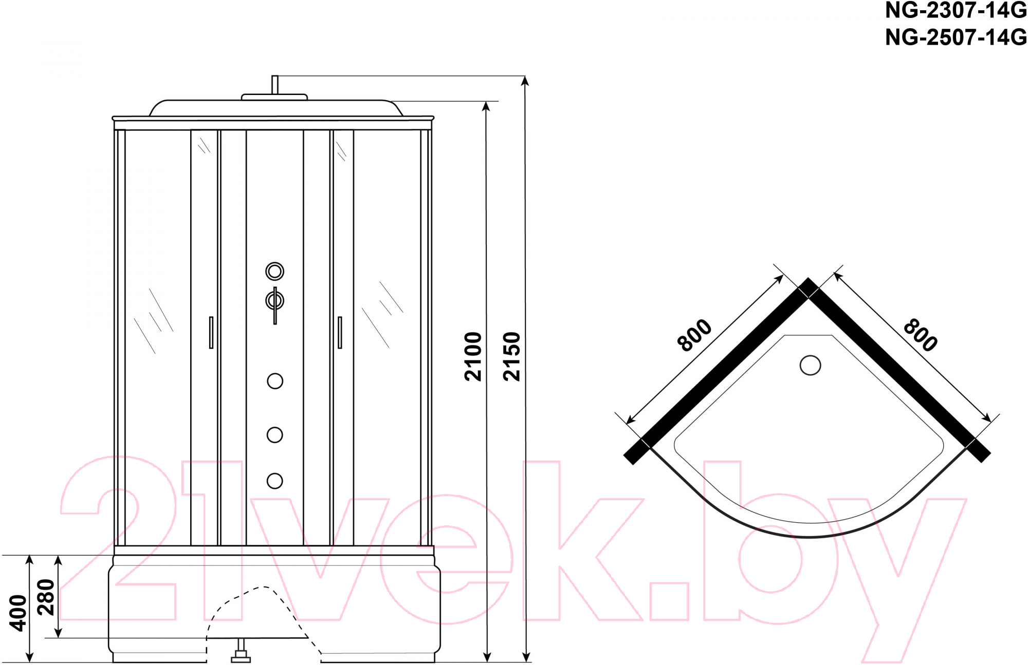 Душевая кабина Niagara NG-2307-14G 80x80x215 (матовое стекло) — фото 3