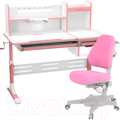 Изображение товара Парта+стул Anatomica Genius Armata с надст., ящ. и подст. для книг (белый/розовый/розовый)
