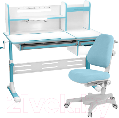 Изображение товара Парта+стул Anatomica Genius Armata с надст., ящ. и подст. для книг (белый/голубой/светло-голубой)